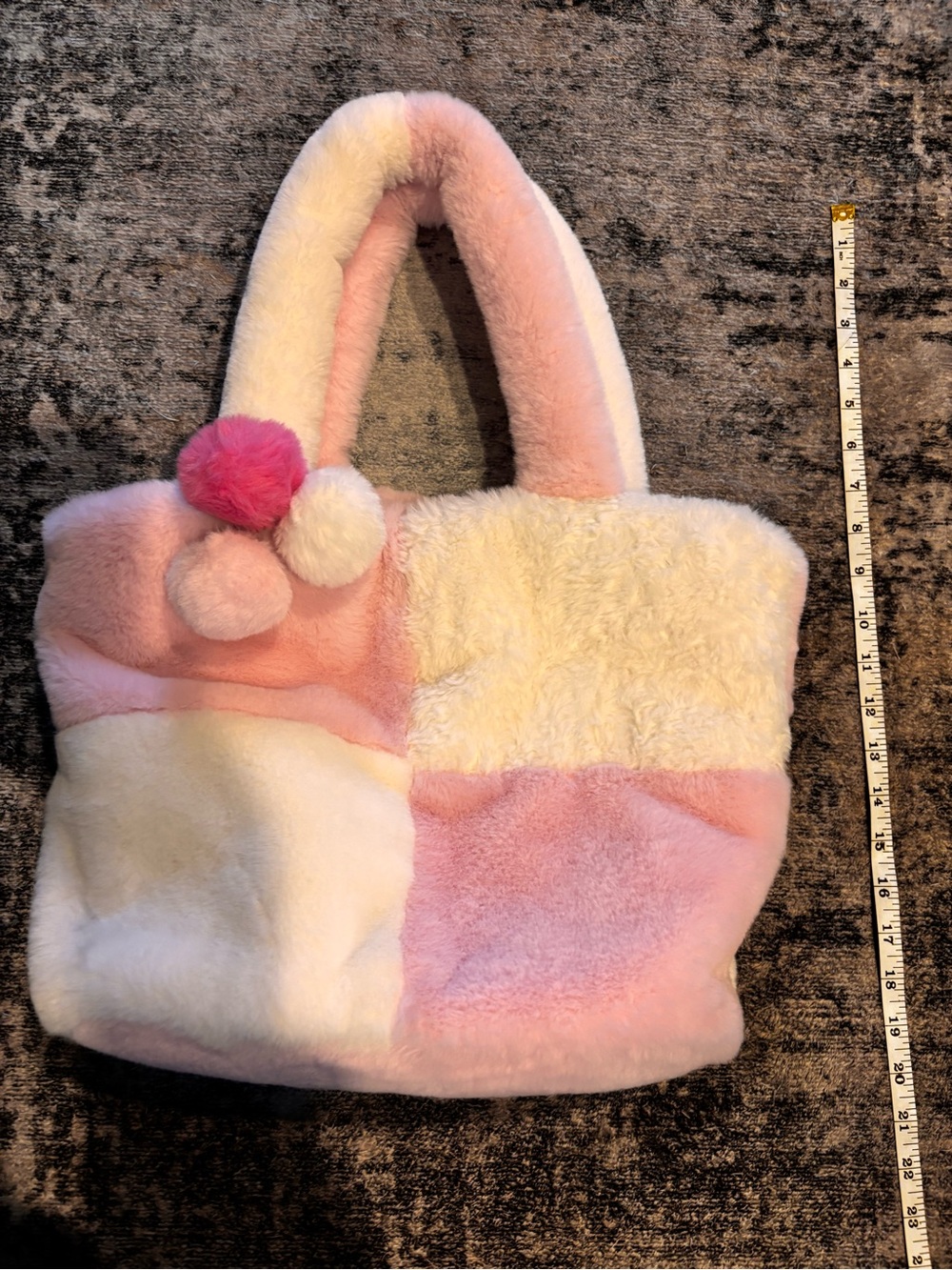 Plush Patchwork Pink & Cream Faux Fur Tote Bag with Pom Details